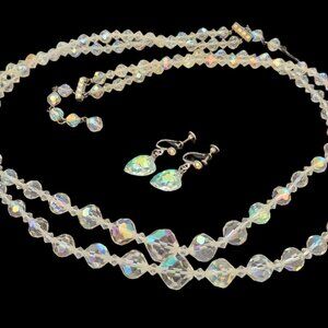 VINTAGE AURORA BOREALIS CRYSTAL NECKLACE EARRINGS RHINESTONE CLASP